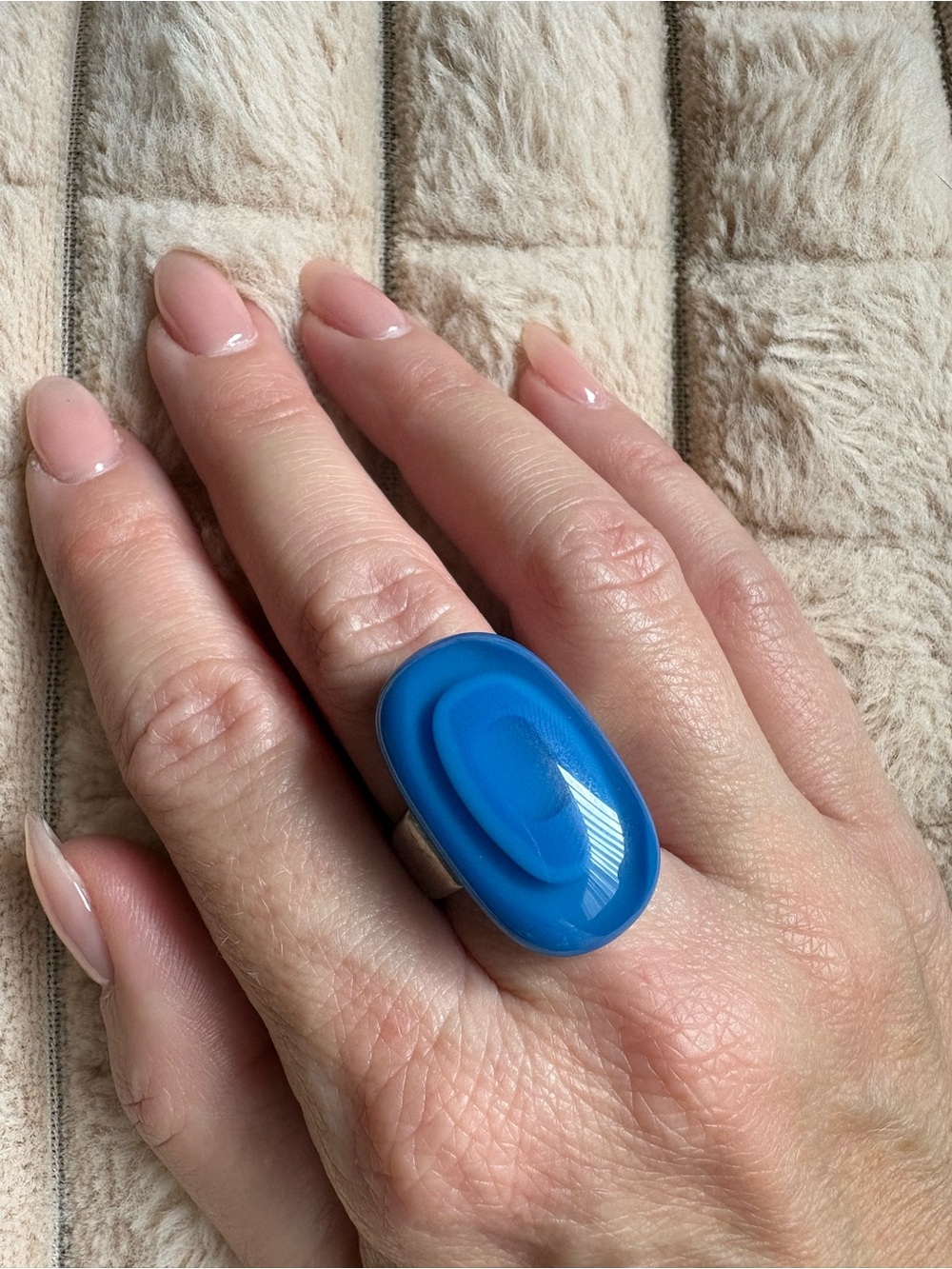 Vintage Bold Blue Glass Statement Ring Mod 60s 80s Stainless Steel Size 6 MCM